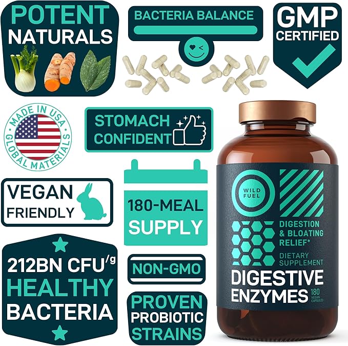 Digestive Enzymes with Probiotics and Prebiotics - Gut Health & Digestion Supplement with Artichoke Ginger Turmeric – Vegan Enzyme Complex for Digestive Health and Bloating Support - 180 Caps