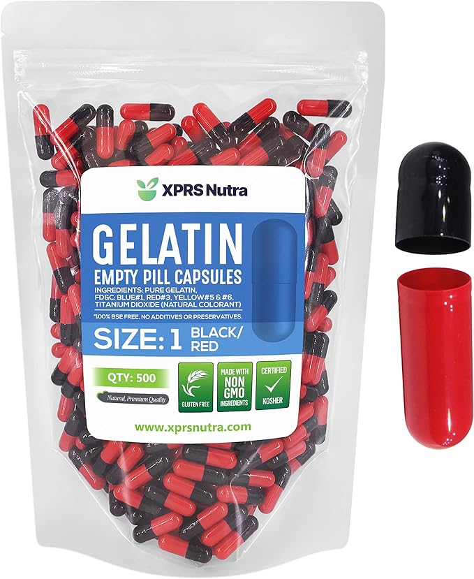 XPRS Nutra Size 1 Empty Capsules - 500 Count Colored Empty Gelatin Capsules - Pill DIY Supplement Capsule Filling - Fillable Color Gel Caps Pills for Do-It-Yourself Supplements (Black/Red)