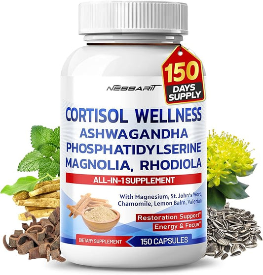 CORTISOL Wellness Ashwagandha 14-in-1 Natural Blend with Phosphatidylserine Magnolia Rhodiola St. John's Wort Peppermint Bacopa - 150 Count - Made & Tested in The USA