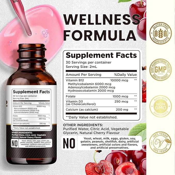 Vitamin B12 Complex 10000 mcg | Triple Liquid B-12 Drops Sublingual Supplement | Methylcobalamin & Adenosylcobalamin & Hydroxo Blend for Long-Lasting Energy and Healthy Metabolism Cherry Flavor, New