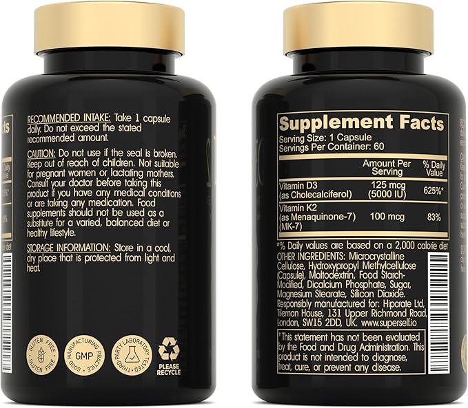 Vitamin D3 K2 Capsules - Vitamin D3 5000 IU and Vitamin K MK7 100mcg - 60 Capsules - USA Made Vegetarian Vitamin D Supplement - High Strength VIT D for Bones, Muscle, Teeth, Immune System