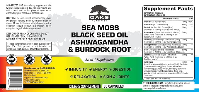 Sea Moss, Black Seed Oil, Ashwagandah & Burdock Root - Antioxidant Multivitamin Blend - 60 Capsules
