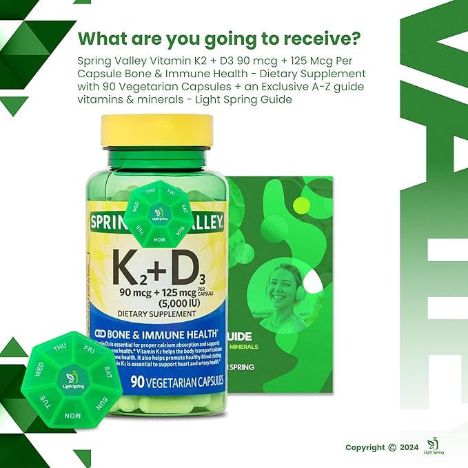 Vitamin K2 (90mcg) + D3 (125mcg) Vegetarian Capsules, 90 Count with Bundle Exclusive Vitamins & Minerals - A to Z - Better Ligth&Spring Guide + Weekly Pill Organizer (3 Items)