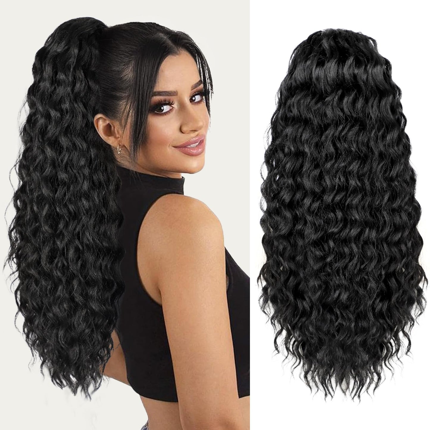 AISI BEAUTY Curly Ponytail Extension 24" Drawstring Ponytail for Black Women Clip in Ponytail Black Ponytail Extension Synthetic Hairpiece for Daily Party(1B)