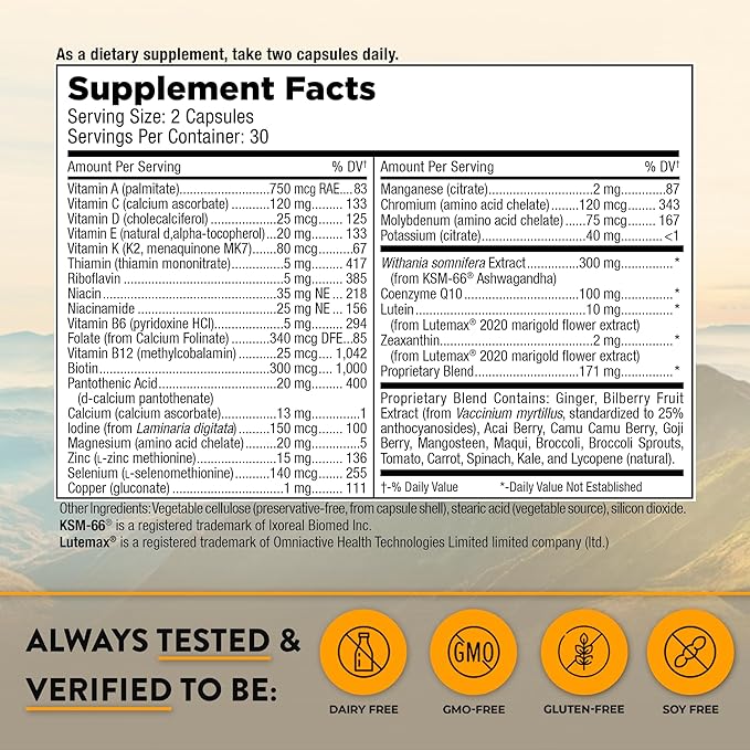 Mt. Angel Vitamins - Daily Mens Multivitamin 50+ Adult Formula with Iron, Calcium, KSM-66 Ashwaganda, and a Potent Proprietary Herbal Blend of The Best Mens Vitamins - 60 Count Capsules