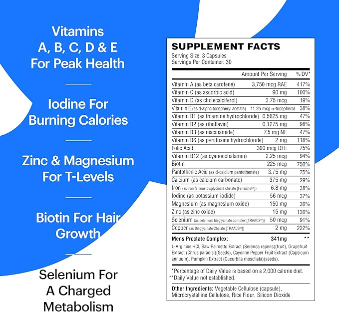 Wellthy His Daily Natural Multivitamin for Men, Premium Prostate Support Supplement, Support Hair Growth (30 Day)