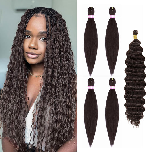 Dorsanee Dark Brown Braiding Hair for Boho Braids 20 Inch 4 Packs Pre Stretched Braiding Hair and 18 Inch 1 Pack Deep Wave Braiding Hair for Crochet Boho Braids Synthetic Hair Extensions (4#)