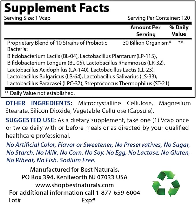 Best Naturals Probiotic 10 Strains & 30 Billion CFU & Vitamin B2 (Riboflavin) 400mg