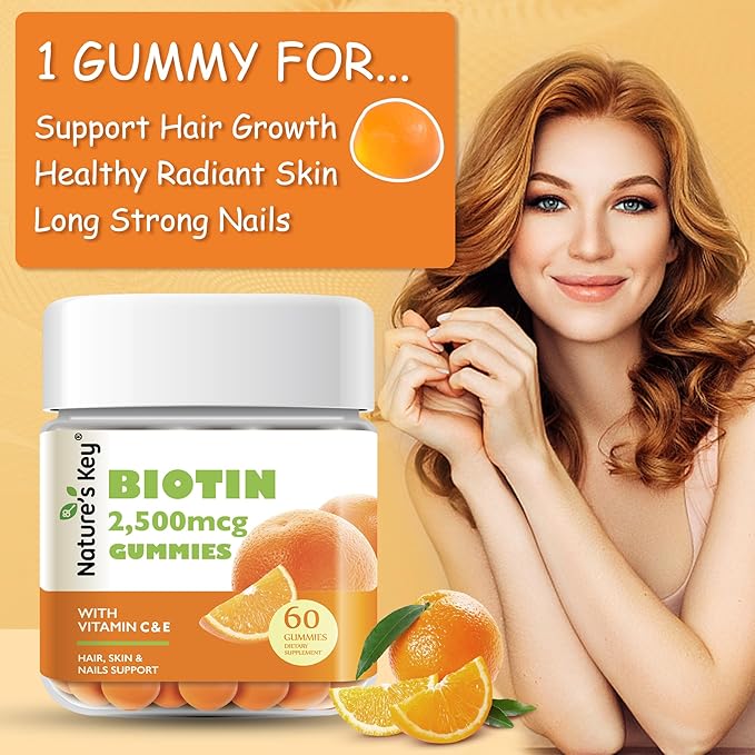 Nature's Key Biotin Gummies with Vitamin C and E, Support Hair Nails Growth & Beautiful Skin for Women Men and Kids, Vegan, Orange Flavors 60 Count