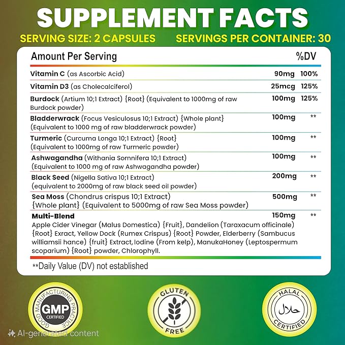 Sea Moss, Black Seed Oil, Ashwagandah & Burdock Root - Antioxidant Multivitamin Blend - 60 Capsules