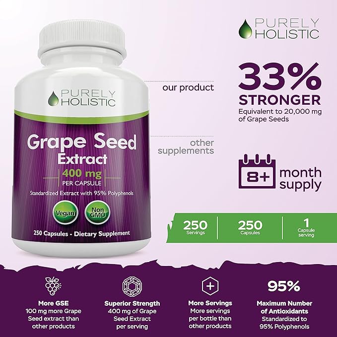Purely Holistic Grape Seed Extract 20,000mg - 250 Vegan Capsules - 8+ Month Supply - Standardized to 95% Polyphenols - 400 mg per Capsule - Maximum Strength Grapeseed - Non-GMO & Pesticide Free