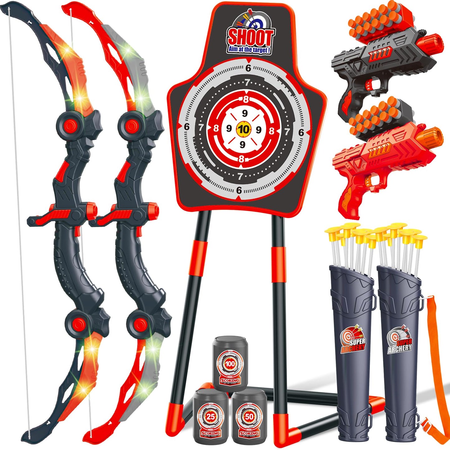 GMAOPHY Bow and Arrow for 5 6 7 8 9 10 11+ Year Old Boys, Birthday Gift for Kids, Indoor Outdoor Activity Toys, 2 Pack LED Light Up Archery Toy with 20 Suction Cup Arrows, Standing Target, 2 Quiver