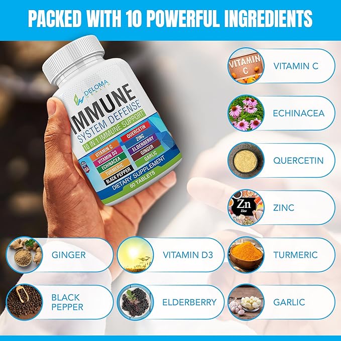10 in 1 Immune System Support Supplement - Vitamin C (1000 mg), Quercetin, Vitamin D3 (5000iu), Zinc (40 mg), Elderberry, Echinacea, Turmeric, Ginger, Garlic, Black Pepper