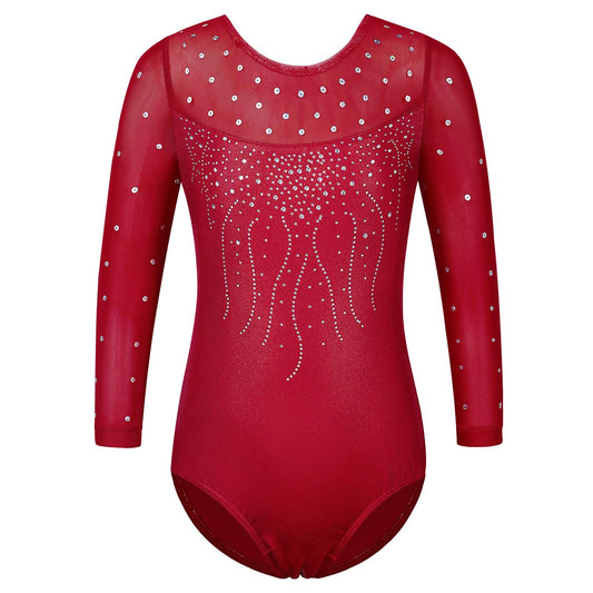 BAOHULU Gymnastics Leotard for Girls Shiny Sequins Mesh 3/4 Sleeve Practice Dancewear B285_WineRed_8A