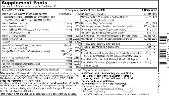 Klaire Labs SFI Health VitaPrime - Iron Free Multivitamin for Women & Men - Promote Immune Function & Support Nutritional Gaps - Two-Per-Day Multivitamin with Methyl Folate & B12 (60 Tablets)