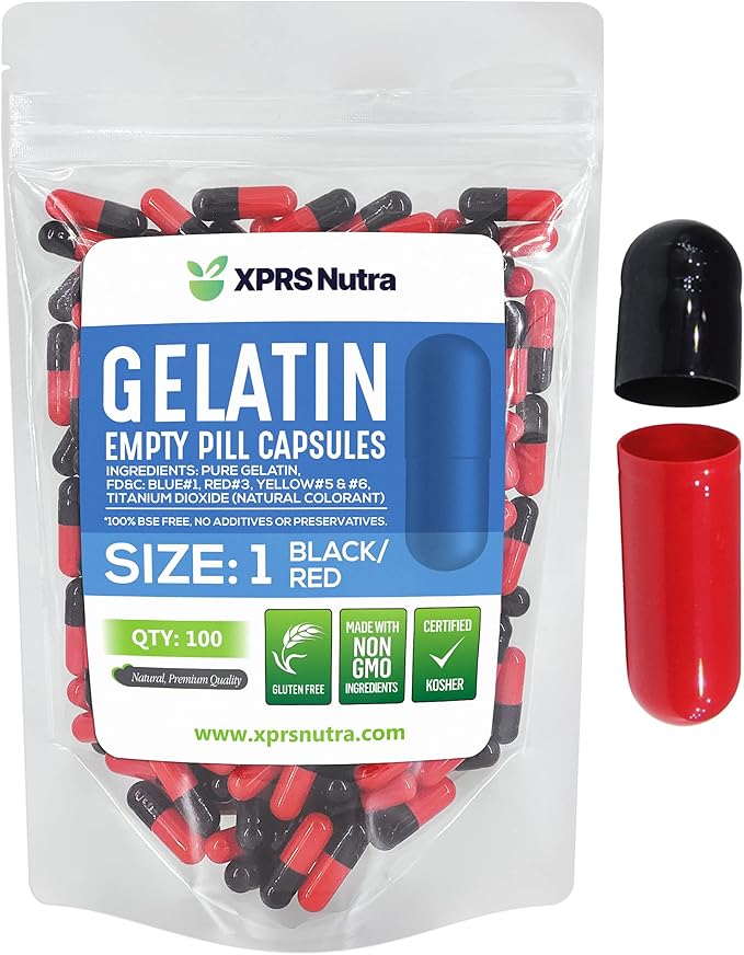 XPRS Nutra Size 1 Empty Capsules - 100 Count Colored Empty Gelatin Capsules - Pill DIY Supplement Capsule Filling - Fillable Color Gel Caps Pills for Do It Yourself Supplements (Black/Red)