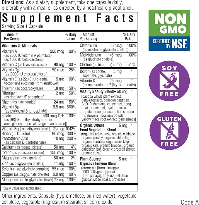 Bluebonnet Nutrition Ladies’ ONE 40+ Whole Food-Bed Multiple, Women Multivitamin for Women 40+, Soy-Free, Non-GMO, Gluten Free, 30 Vegetable Capsules, 30 Servings