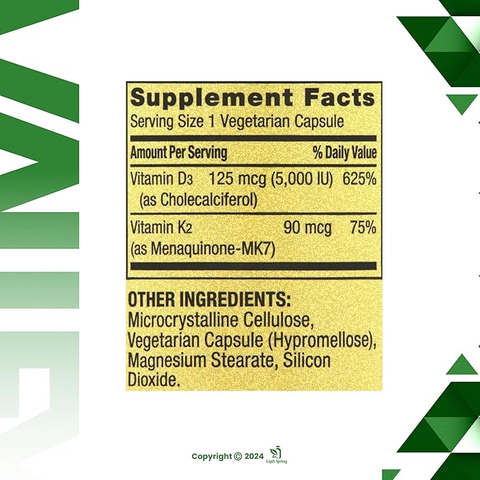 Vitamin K2 (90mcg) + D3 (125mcg) Vegetarian Capsules, 90 Count with Bundle Exclusive Vitamins & Minerals - A to Z - Better Ligth&Spring Guide + Weekly Pill Organizer (3 Items)
