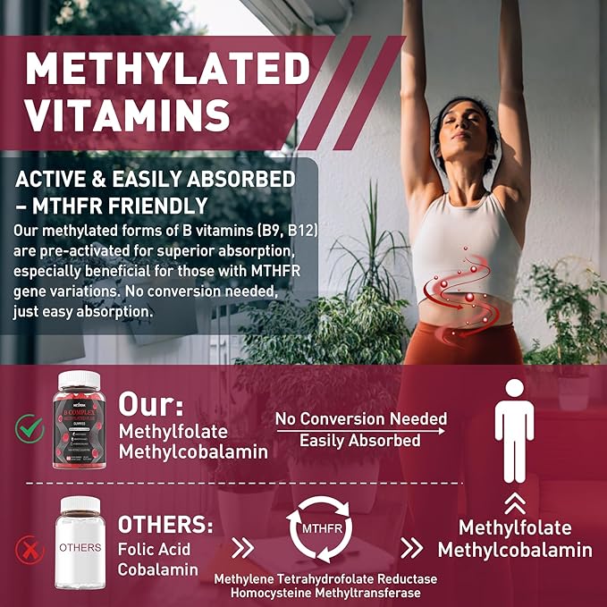 Brain & Mood Support Gummies, Super Vitamin B Complex for Men & Women, All B Vitamin B1 B2 B3 B5 B6 B7 B9 MethyB12 Multivitamin with PABA, Inositol, Choline, Supports MTHFR Gene & Energy, Vegan, 120Ct