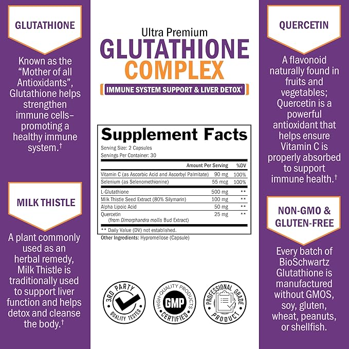 BioSchwartz Glutathione Supplement Liver Detox with Quercetin Vitamin C Milk Thistle Alpha Lipoic Acid - Liver Supplement Immune Support Pills - Immunity Defense Health Formula and Cleanse 500mg 60ct