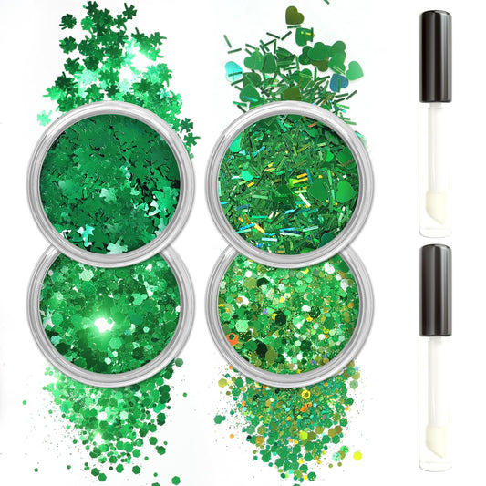Allstarry Green Body Glitter, 4 Colors Cosmetic Green Face Glitter, Shamrock Face Eyeshadow Makeup Hair and Eye Glitter St Patricks Day Accessories Green Makeup Shamrock Decorations