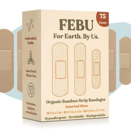FEBU Eco-Friendly Organic Bamboo Fabric Bandages for Sensitive Skin | PFAS Free Flexible Latex Free Bandages | Natural Hypoallergenic Bandages for Scrapes, Cuts & First Aid | 75 Count Variety Pack