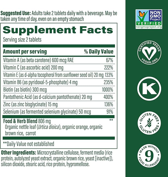 MegaFood Skin, Nails & Hair 2 - for Women & Men - Biotin, Vitamin A, C, Zinc, Vitamin B6, E, Pantothenic Acid - Vegan - Made Without 9 Food Allergens - 60 Tabs (30 Servings)