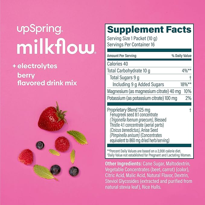 UpSpring Milkflow Electrolyte Breastfeeding Supplement Drink Mix with Fenugreek | Berry Flavor | Lactation Supplement to Support Breast Milk Supply & Restore Electrolytes | 16 Drink Mixes