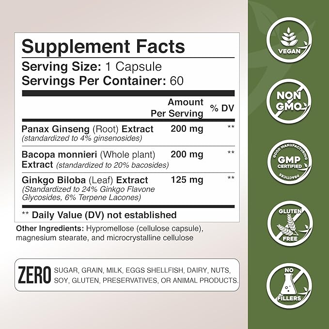 Gade Nutrition Ginkgo Biloba with Ginseng Supplement and Bacopa Monnieri | Brain Supplements for Memory and Focus with panax Ginseng & Ginko biloba Capsules - Memory Supplement for Brain