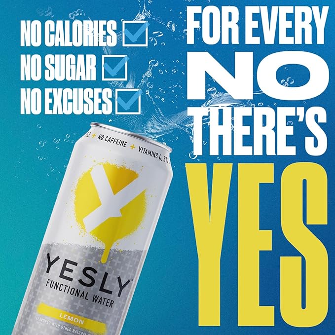 Yesly Functional Water, Lemon, Naturally Flavored Still Water with Electrolytes, Magnesium, Potassium, Vitamin C, B6 & B12, Zero Sugar, No Artificial Sweeteners, Caffeine Free, 16 Fl Oz Cans, 12 Pack