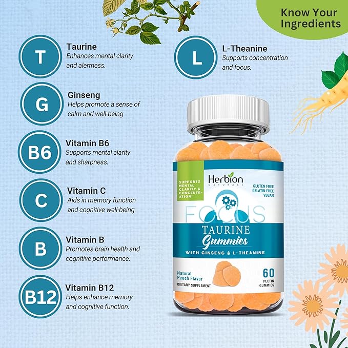 HERBION Naturals Taurine Gummies with Ginseng, L-Theanine, Vitamin C, B3, B6, & B12, Helps Support Mental Clarity & Concentration*, Natural Peach Flavor, Gluten-Free, 60 Pectin Gummies, Made in USA