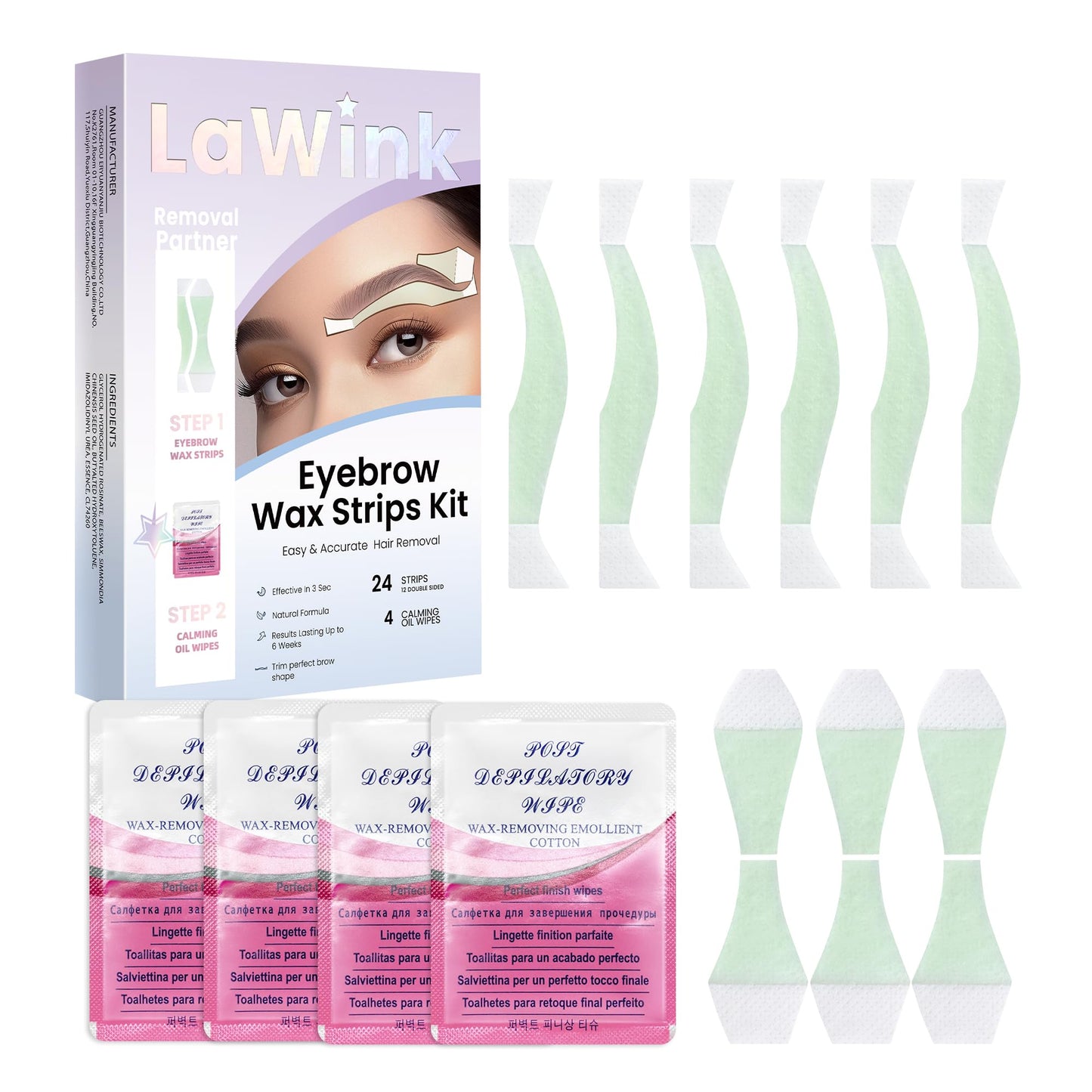 Lawink Eyebrow Wax Strips Kit Cold Wax Strips Facial Hair Removal 24 Strips 4 Calming Oil Wipes For Sensitive Skin Types Women (