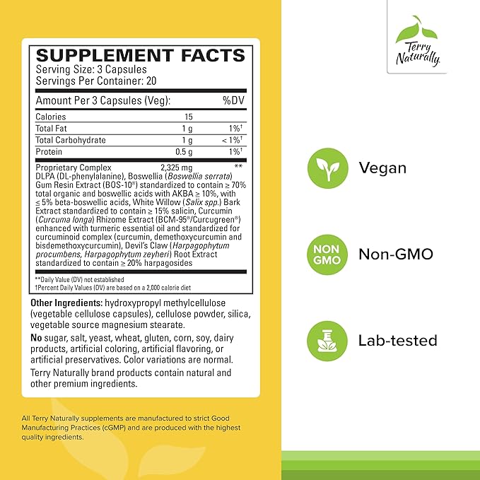 Terry Naturally Curamin Low Back Pain Relief - DLPA & Curcumin Supplement for Relief Support - Enhanced Absorption Curcumin Formula - Herbal Supplement with White Willow & Boswellia - 60 Capsules