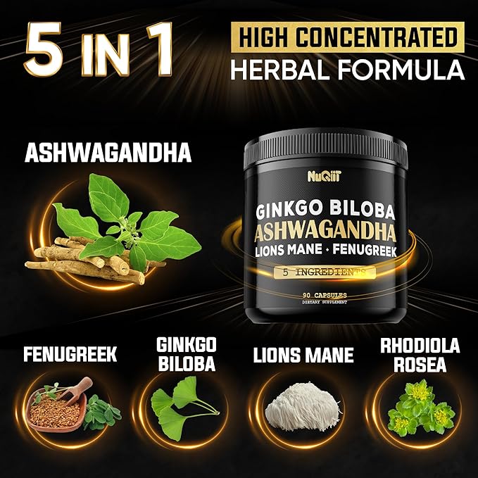 Ashwangdha Capsules 4000mg Fenugreek Seed 2000mg Ginkgo Biloba 2000mg & More - Apple Cider Vinegar, Bladderwrack - Support Brain Health, Comfortable Mind & Immune System - 90 Vegan Capsules
