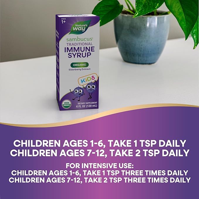 Nature's Way Sambucus Elderberry Traditional Immune Syrup for Ages 1+, Traditional Immune Support*, Antioxidant Support*, Black Elderberry Extract, USDA Certified Organic, 4 Fl Oz