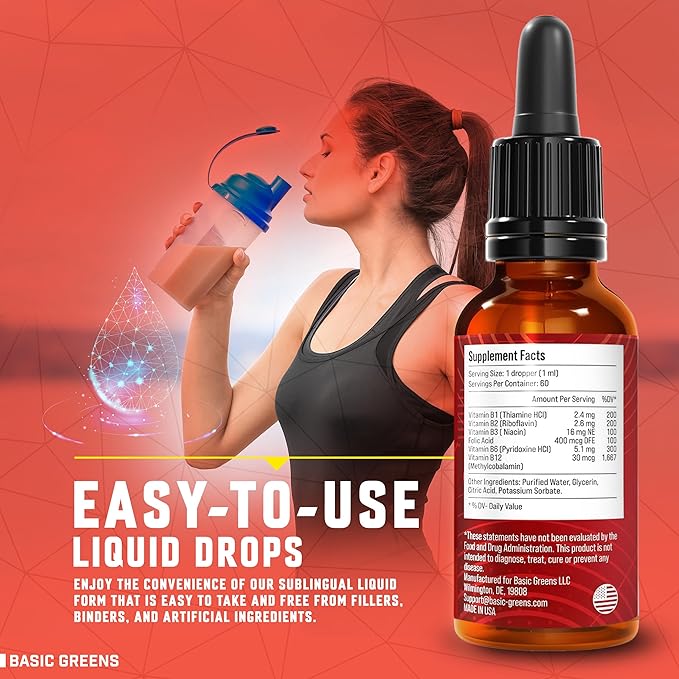 Vitamin B Complex Liquid Drops - Strength Sublingual Formula, Maximizes Absorption & Boosts Energy - B1, B2, B3, B5, B6, B7, B9, B12 - Natural Vegan Supplement for Immunity (B Complex)