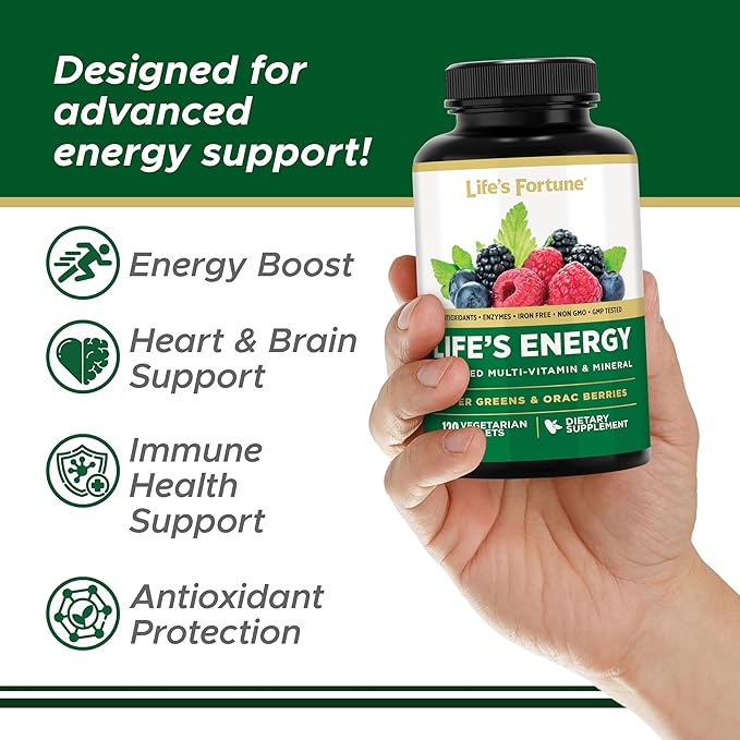 Life's Fortune Life's Energy Advanced Multi-Vitamin and Mineral for Men & Women, Non-GMO - Super Greens - ORAC Berries - AntiOxidants - Enzymes - Iron Free - GMP Tested, 120 Veggie Tablets