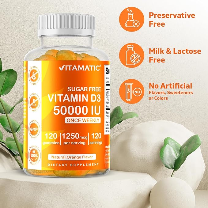 Vitamatic Sugar Free Vitamin D3 50,000 IU Weekly Supplement - 120 Pectin Based Gummies - Vitamin D Capsules for Bones, Teeth, and Immune Support (50000 IU)
