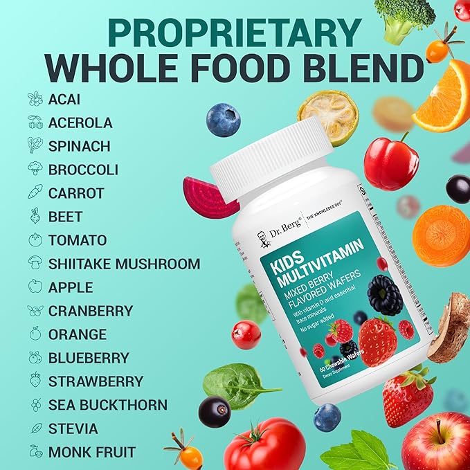 Dr. Berg Kids Chewable Multivitamins (NOT Sweetened w/Sugar) - Daily Multivitamin for Kids That Includes 20 Nutrients & Trace Mineral Complex - Mixed Berry Chewable Vitamins for Kid - Red Wafers
