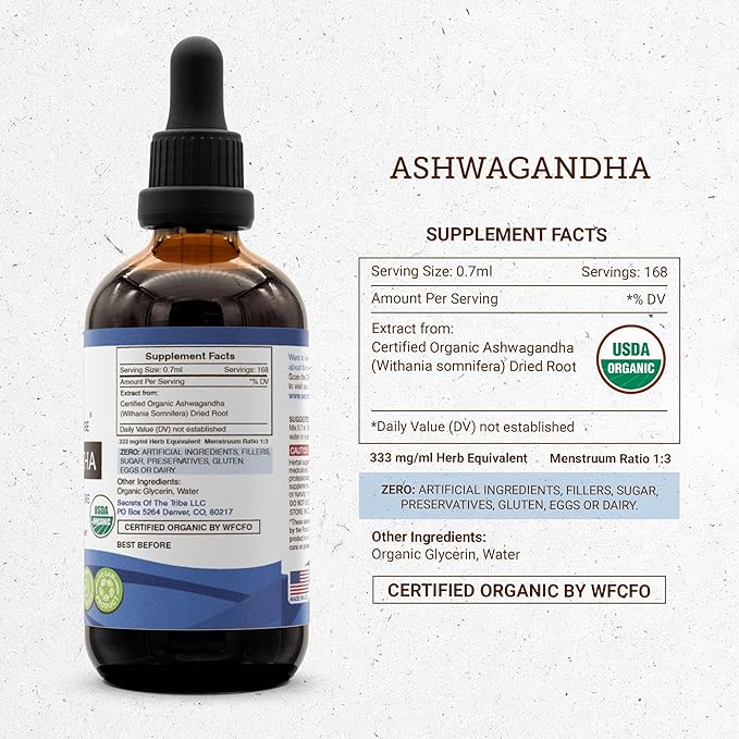 Secrets of the Tribe Ashwagandha USDA Organic Tincture Alcohol-Free Extract, Ashwagandha Withania Somnifera Anti-Stress and Relaxation 4 OZ