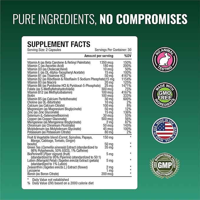 Approved Science Multi-Vitamin - with Full-Spectrum B-Vitamins, Green Tea, Lutein, Lycopene, Zeaxanthin, BioPerine - 60 Capsules - 3 Month Supply