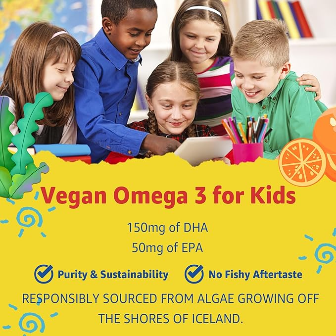 Sugar Free Kids Multivitamin Gummies with Iron, Probiotics, Vegan Omega 3 (EPA/DHA), Kids Daily Vitamins A, C, D, B Complex, Zinc for Healthy Growth, Immune, Brain, Bone, Orange Flavor, 120 Counts