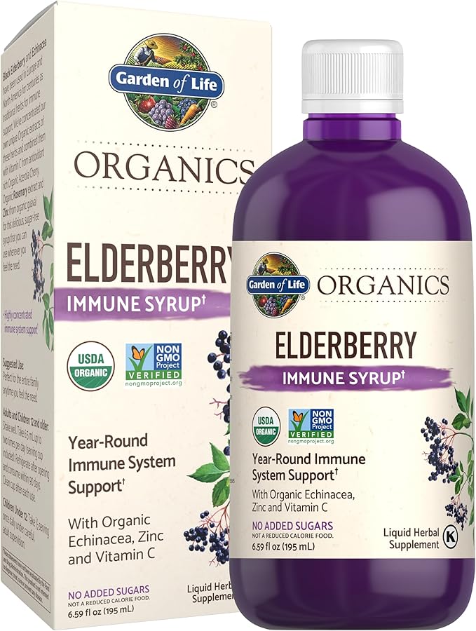 Garden of Life Organics Plant-Based Elderberry Immune Syrup 6.59 fl oz (195 Ml) for Kids & Adults: Sambucus, Echinacea, Zinc & Vitamin C, 0g Sugar, Organic Vegan Gluten Free Herbal Supplement