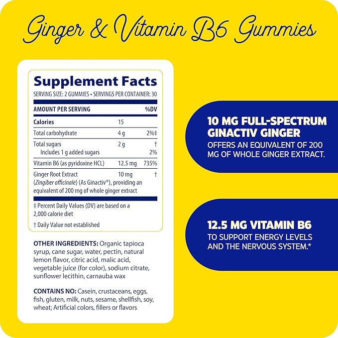 Enzymedica, Ginger & Vitamin B6 Gummies, Support for Occasional Nausea & Indigestion, High Potency, Equivalent to 200 mg Ginger Extract, 60 Count