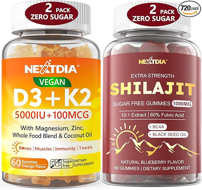 2Pack Vegan Vitamin D3 5000IU+K2 Gummies + 2Pack Shilajit Gummies for Men & Women, Shilajit with Black Seed Oil, BCAA