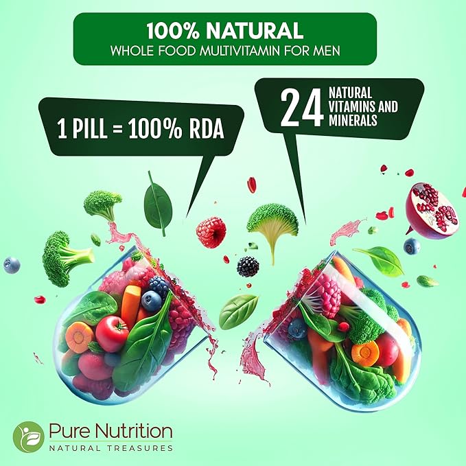 Pure Nutrition Whole Food Multivitamins for Men | 60 Tabs | One-A-Day | 100% RDA | 24 Natural Vitamins and Minerals | All Natural Plant Based Men's Multivitamin | 2 Months Supply