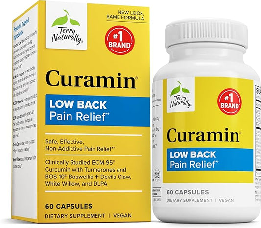 Terry Naturally Curamin Low Back Pain Relief - DLPA & Curcumin Supplement for Relief Support - Enhanced Absorption Curcumin Formula - Herbal Supplement with White Willow & Boswellia - 60 Capsules