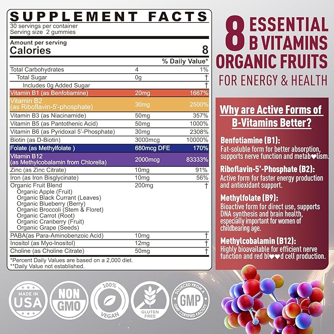 Brain & Mood Support Gummies, Super Vitamin B Complex for Men & Women, All B Vitamin B1 B2 B3 B5 B6 B7 B9 MethyB12 Multivitamin with PABA, Inositol, Choline, Supports MTHFR Gene & Energy, Vegan, 120Ct