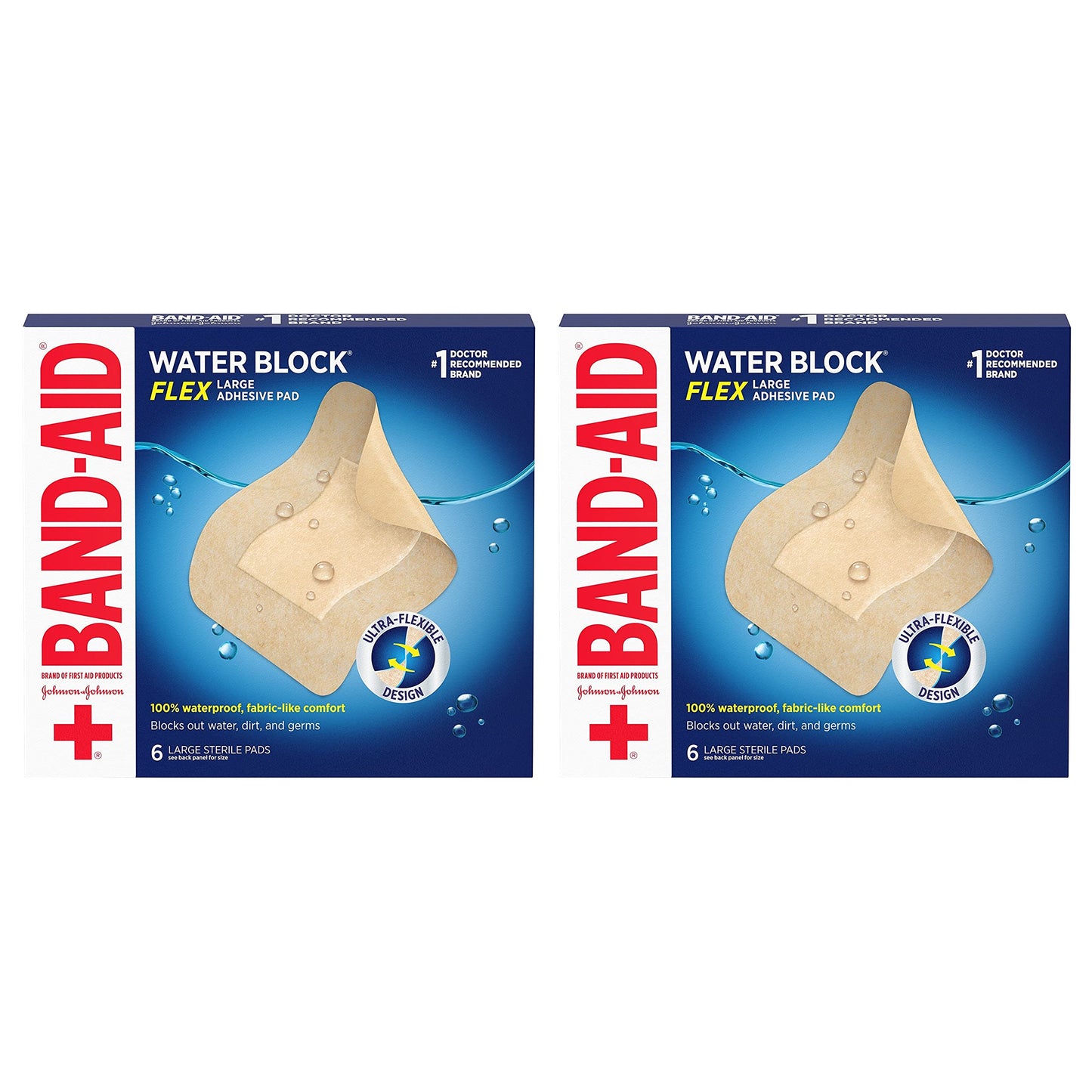 Band-Aid Brand Water Block Flex Large Adhesive Pads, 100% Waterproof Bandage Pads for First-Aid Care of Minor Cuts, Scrapes & Wounds, Ultra-Flexible Design, Sterile, Large, 2 x 6 ct