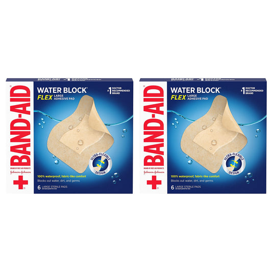 Band-Aid Brand Water Block Flex Large Adhesive Pads, 100% Waterproof Bandage Pads for First-Aid Care of Minor Cuts, Scrapes & Wounds, Ultra-Flexible Design, Sterile, Large, 2 x 6 ct